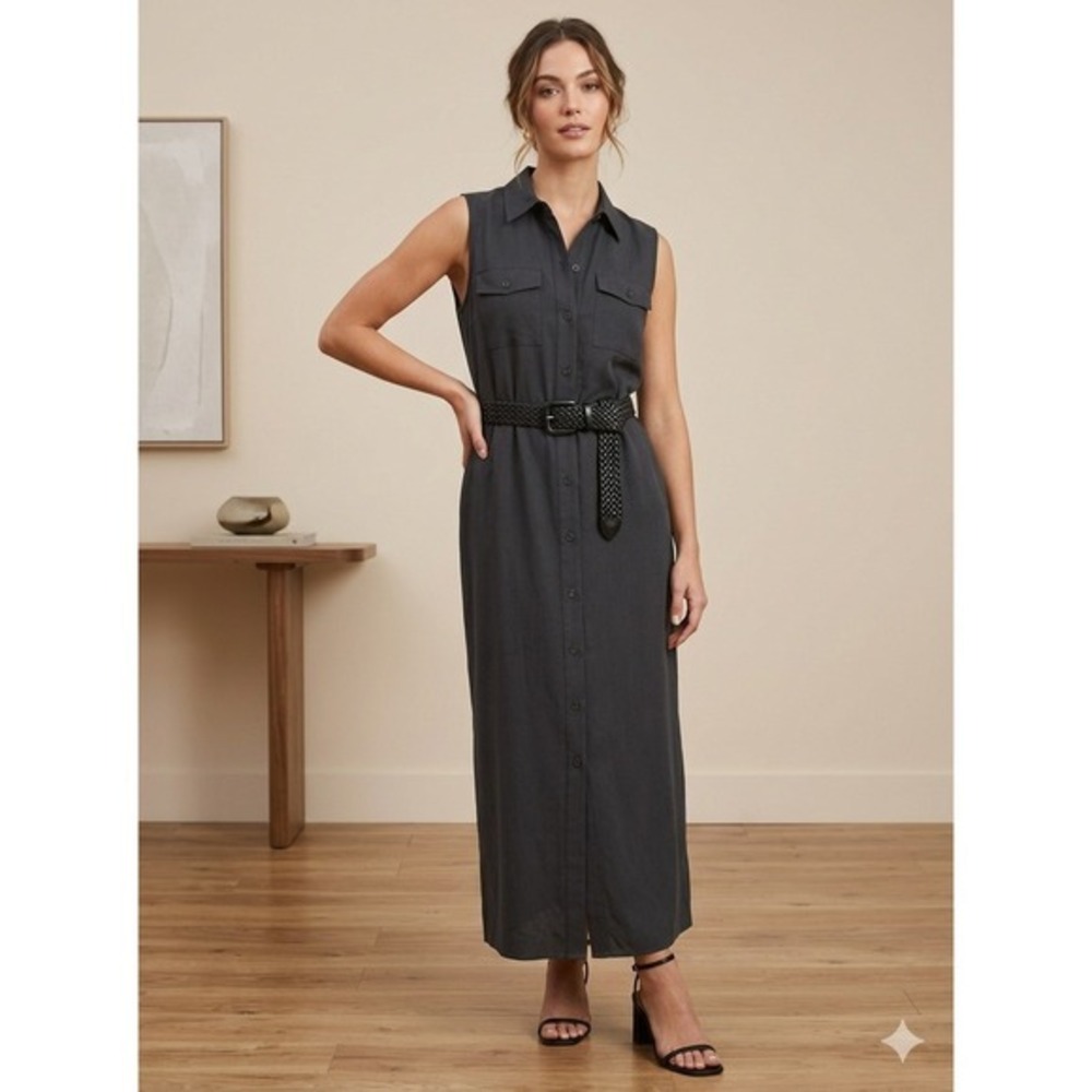 Rafaella Petites Black Linen Blend Sleeveless Belted Midi Safari Shirt Dress 12P